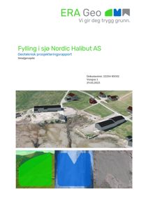 Dokumentets forsiden viser en 3D-modell (rendering) av et prosjektområde med bygninger og terreng, samt en grafisk illustrasjon av fylling i vann. Dette er en visualisering av et geoteknikkprosjekt.