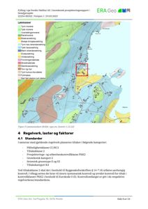 En kartografisk oversikt over et område (Fylling i sjø) med fargekodet informasjon om løsmasser (geologi) og bygningsplasseringer. Bildet inneholder også en tekstuell rapport om regelverk.