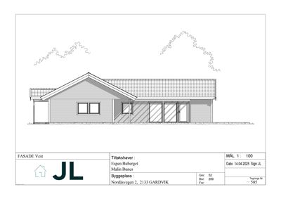 Fasadetegning (opprikk) av bygningens vestside med detaljer om tak, vinduer og fasadematerialer.