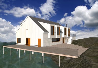 3D-visualisering av en moderne hytte med utbyggning over vannet, sett fra et vinklet perspektiv.