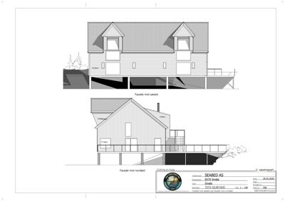 Fasadetegning som viser bygningens utseende fra to sider (mot sørøst og mot nordøst).