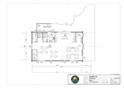 Etasjeplan (1. etg) som viser romfordeling, dimensjoner og areal for en restaurant i Simela.