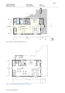 Bildet viser to arkitektoniske etasjeplaner (Plan 1) for ulike byggesaker i Smøla kommune. De illustrerer romfordeling, dimensjoner og plassering av møbler.
