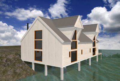 3D-visualisering av en moderne hytte eller villa bygget på stolper over vannet, sett fra et vinklet utsyn.