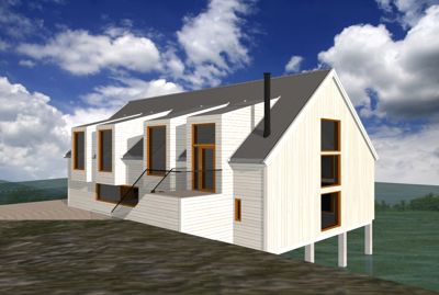 3D-visualisering av en planlagt bygning (hus) sett fra siden, med detaljer om fasade, vinduer og grunnforhold.