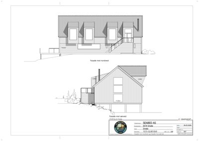 Tegning som viser fasadetegninger for en bygning sett fra nordvest og sørvest.