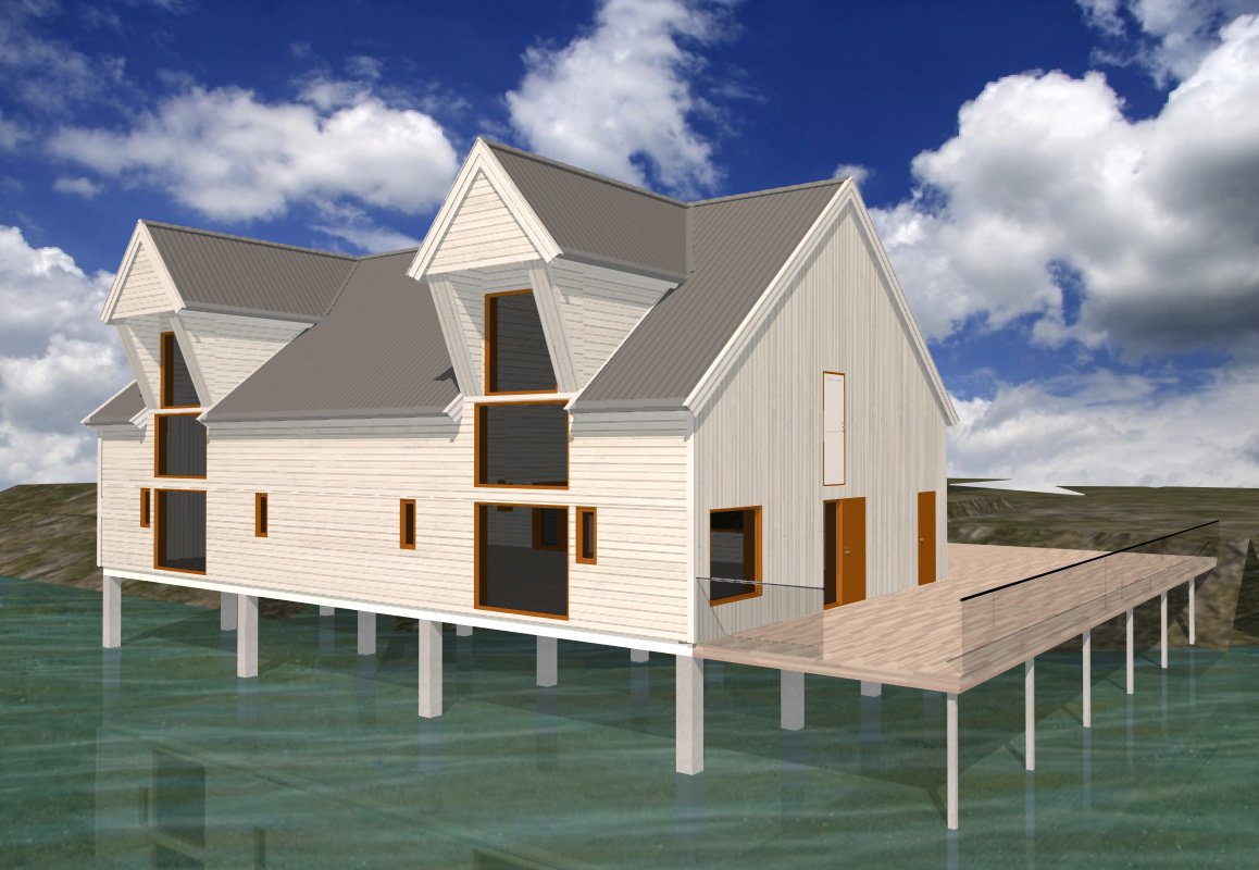 3D-visualisering av en moderne villa med hvit fasade, grå tak og store vinduer, plassert på stolper over vann.