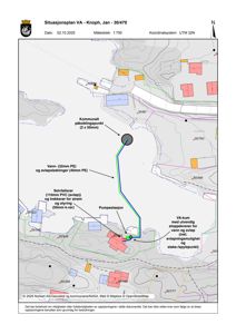 Situasjonsplan som viser tomtens beliggenhet, topografi, eksisterende og planlagte bygninger, samt infrastruktur som vann- og avløpsledninger.