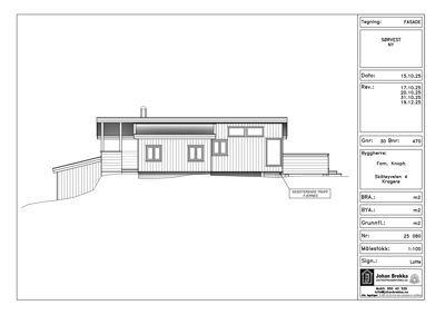 Fasadetegning av en bolig sett fra sørvest, med opplysninger om byggherre, datoer og tegningens nummerering.