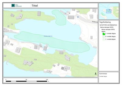 Situasjonsplan som viser et område med vann, terrengkonturer, eksisterende bygninger og planlagte inngrep (ålegras).