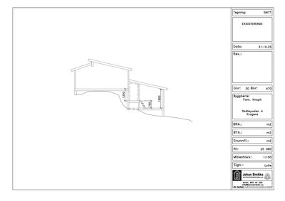 Snittegning av en eksisterende bygning som viser høyder og trappetrinn.