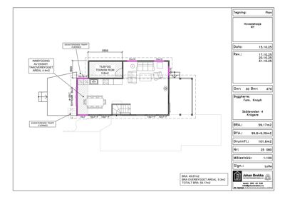 Etasjeplan (hovedetasje) som viser romfordeling, dimensjoner og arealoppbygging for en bolig.