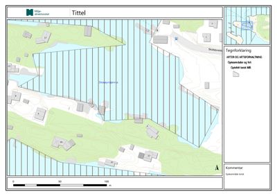 Kart over et område med topografi, vann og bebyggelse, inkludert en tegnforklaring om arter og artsforvaltning.