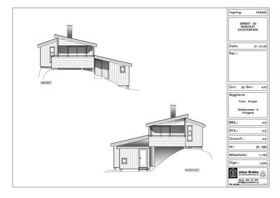 Fasadetegning som viser bygningens utseende fra sørøst og nordvest.