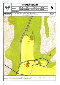 Situasjonskart som viser eiendomsgrenser, topografi og plassering av bygninger i Nærøysund kommune.