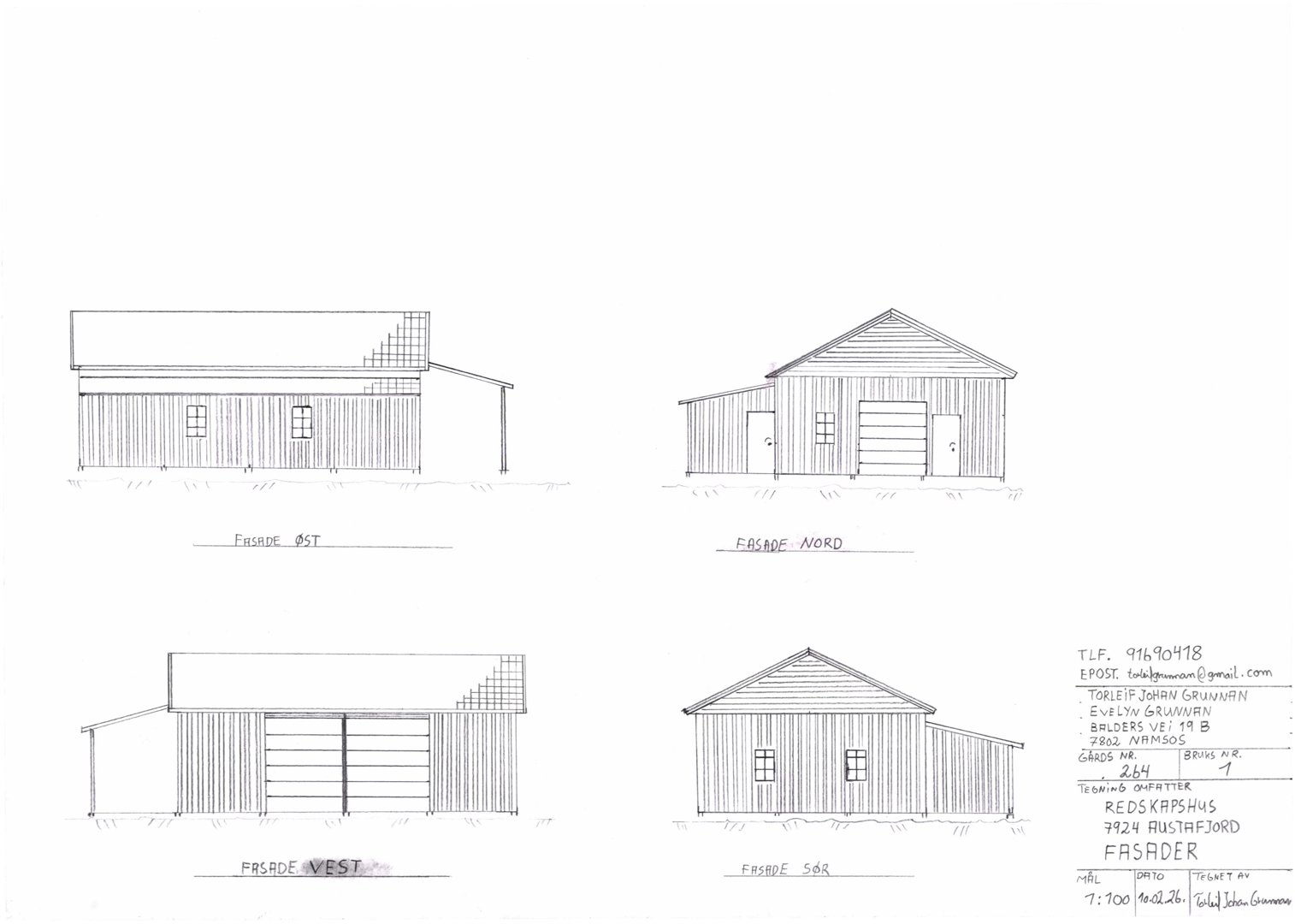 Fasadetegning som viser bygningens utseende fra fire sider: vest, nord, øst og sør.