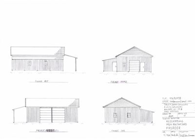 Fasadetegning som viser bygningens utseende fra fire sider: vest, nord, øst og sør.