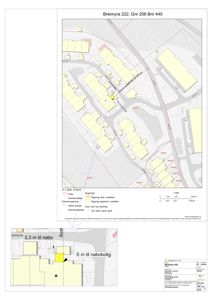 Situasjonsplan som viser eiendomsgranser, nabohus og avstander til naboer for Breimyra 222.