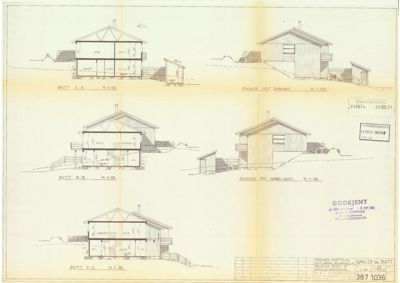 Tegning som viser tverrsnitt (snitt) av en bygning sett fra tre ulike vinkler (A-A, B-B og C-C), samt fasader mot sør-vest og nord-vest.