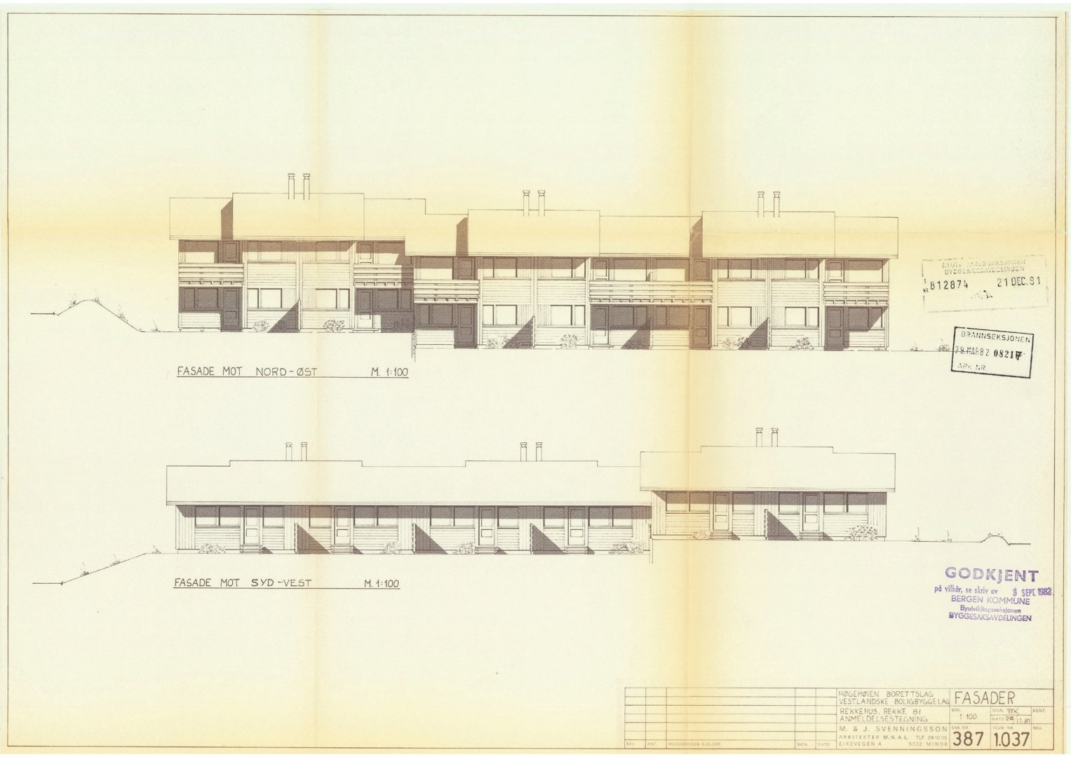 Fasadetegning som viser bygningens utsyn mot nord-øst og syd-vest.