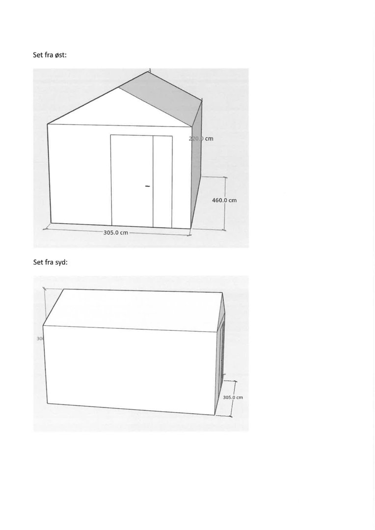 3D-visualiseringer (renderinger) av en bygning sett fra øst og syd med angitte mål.