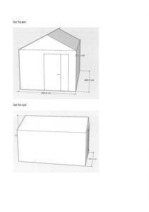 3D-visualiseringer (renderinger) av en bygning sett fra øst og syd med angitte mål.