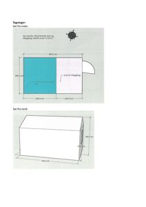 Bildet viser etasjeplaner (toppsett) for en skur med eksisterende del og tilbygning, inkludert mål og arealoppdelinger.