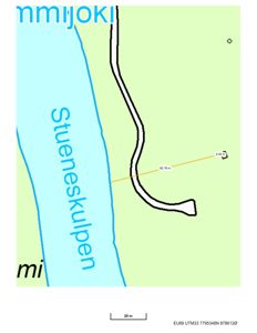 Situasjonsplan som viser plassering av eiendom i forhold til Stueneskulpen, med avstandsmålinger og koordinater.