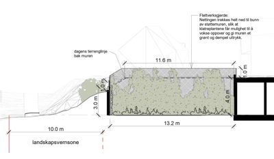 Snittegning som viser en flettverksgjerdekonstruksjon med mål, terrenglinje og beskrivelse av netting og klatreplanter.