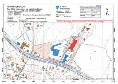 Situasjonskart for eiendommen på Skjerhalden som viser bygninger, vegnett og arealgrenser.