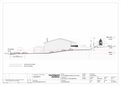 Snittegning som viser bygningens høyde i forhold til terreng og kjeller, samt eksisterende og planert terrenglinje.