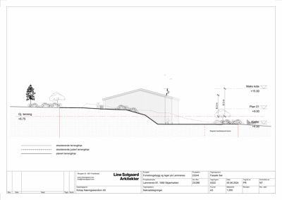 Fasadetegning (opprikk) som viser bygningens høyde i forhold til terreng og kjeller, med koter og terrenglinjer.