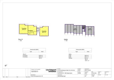 Etasjeplaner (Plan 01 og Kjeller) med romfordeling, arealoversikt og teknisk detaljering av et bygg.