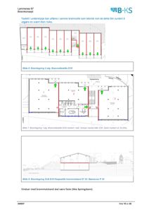 Side fra et brannkonsept som viser brannkonsepttegninger (branncelleskiller, vinduer og dører) samt et snitt av bygningen for å vise brannmotstand.