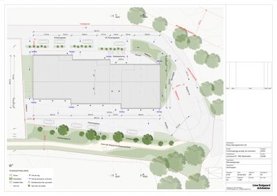 Situasjonsplan som viser bygningens plassering i forhold til tomt, veier, parkeringsplasser og vegetasjon.