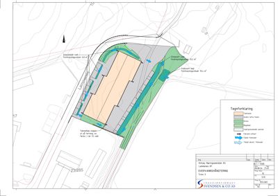 Situasjonsplan som viser tomtens form, omgivelser, vegforhold og planlagte tiltak (f.eks. vassdragsforhold, vegarbeid, terrengform).
