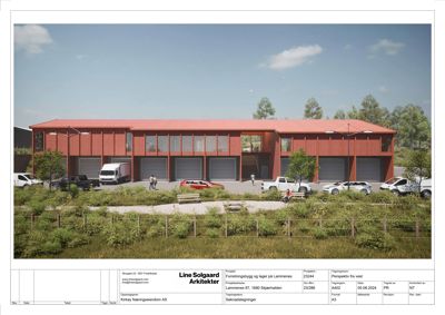 3D-visualisering (rendering) av et planlagt bygg sett fra vest, med bil og omgivelser.