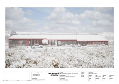 3D-visualisering (rendering) av et nytt bygg i snø, sett fra øst.