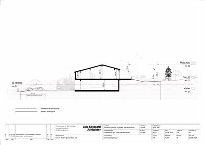 Snittegning som viser bygningens tverrsnitt, høyder, terrengforhold og nivåer.
