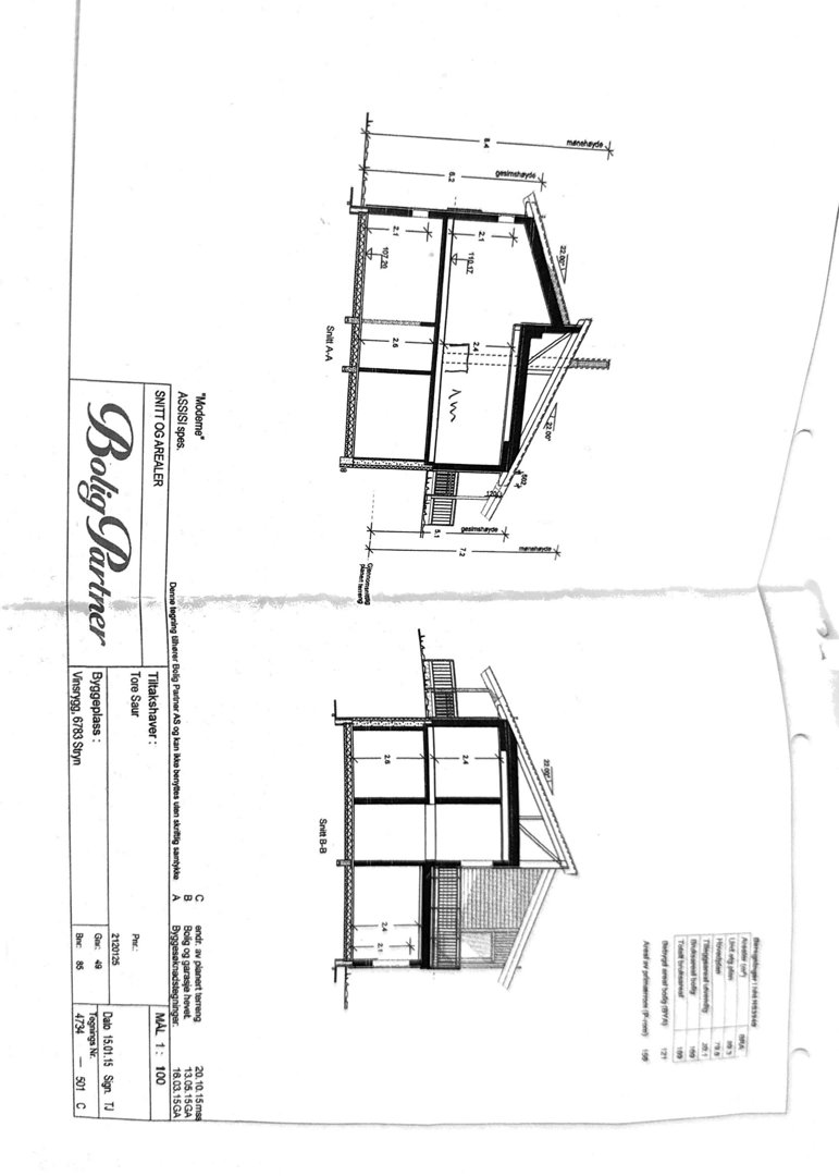 Fasadetegning (opprikk) som viser bygningens utseende fra to sider (Sør og Vest) med mål og konstruksjonsdetaljer.