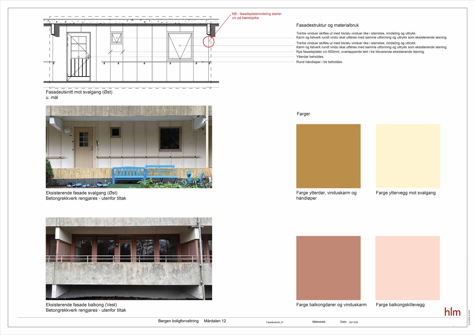 Dette bildet er en fasadebeskrivelse som viser et fasadesnitt, eksisterende fasadefotoer og en fargeveiledning for en bygning.