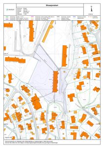 Situasjonskart som viser eiendomsforhold, bygninger, vegnett og topografi for eiendommen i Bergen.