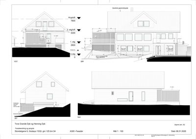 Fasadetegning som viser bygningens utseende fra fire sider (Vest, Sør, Øst, Nord) med høydeangivelser og konstruksjonsdetaljer.