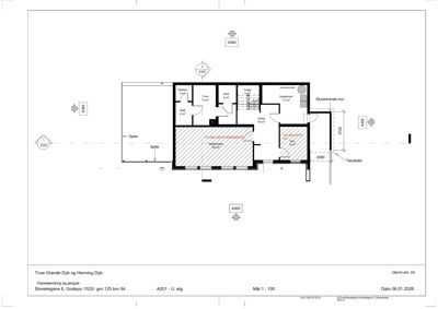 Etasjeplan (U. etg) som viser romfordeling, arealer og veggmål for en bolig.