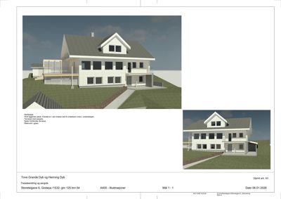 3D-visualisering av fasade og pergola for en boligprosjekt.