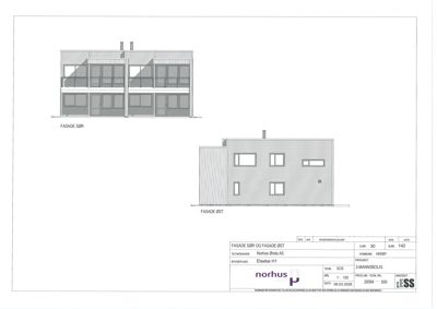 Tegning som viser fasadeopprikk for bygningen sett fra sør (SØR) og øst (ØST).
