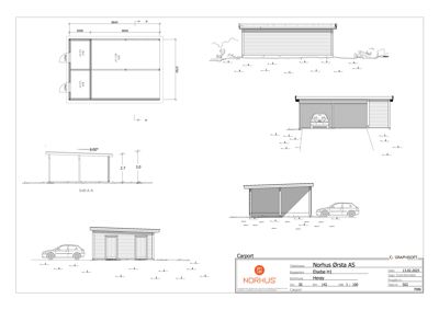 Fasadetegning som viser oppriss av en carport sett fra ulike vinkler (front, side og perspektiv), inkludert detaljer om dører og takhøyde.