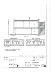 Snittegning (Snitt A-A) som viser bygningens tverrsnitt, høyder og arealoppdeling for leilighetene.