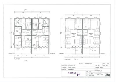 Plantegning som viser romfordeling og dimensjoner for leiligheter i etasjene 1 og 2.