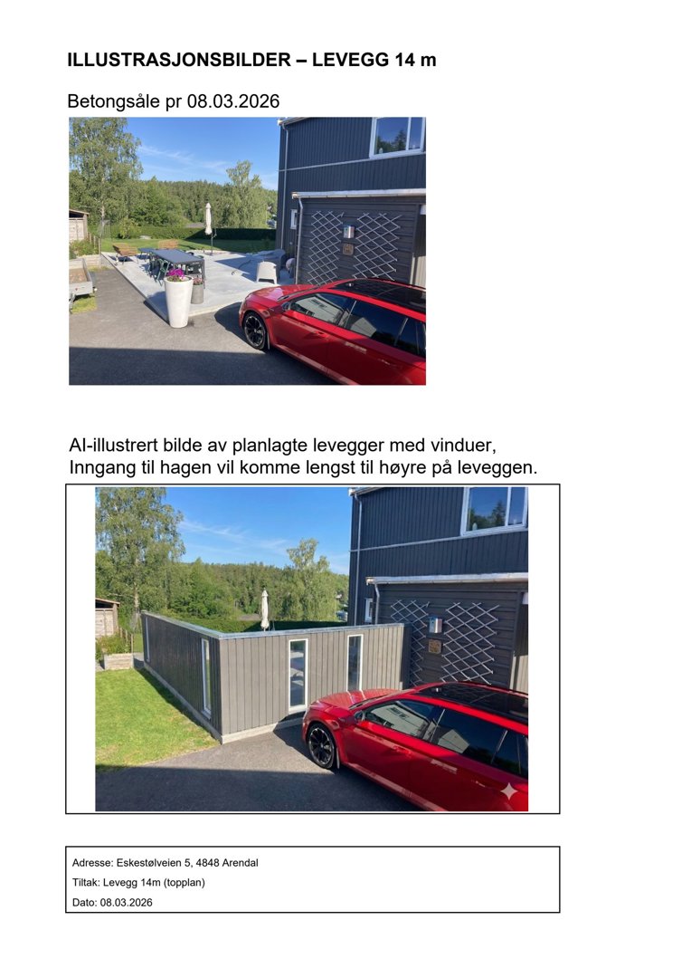 Fotografier av en planlagt levegg (husvegg) med vinduer og en inngang, sett i 3D sammenheng med en bil og en garasje.